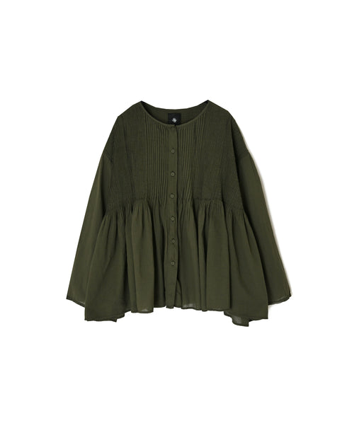 NMDS26603D ORGANIC MICRO CHK&VOILE PLAIN PATCHWORK OVERDYE CREW-NECK BUTTON SHIRT WITH PINTUCK