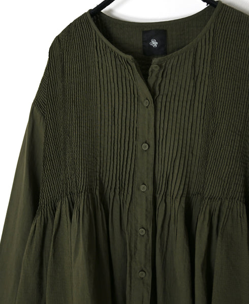 NMDS26603D ORGANIC MICRO CHK&VOILE PLAIN PATCHWORK OVERDYE CREW-NECK BUTTON SHIRT WITH PINTUCK