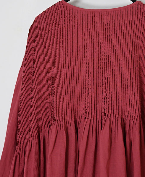 NMDS26603D ORGANIC MICRO CHK&VOILE PLAIN PATCHWORK OVERDYE CREW-NECK BUTTON SHIRT WITH PINTUCK