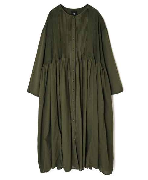 NMDS26604D ORGANIC MICRO CHK&VOILE PLAIN PATCHWORK OVERDYE CREW-NECK BUTTON SHIRT MAXI DRESS WITH PINTUCK
