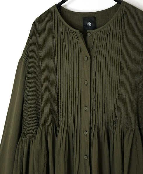 NMDS26604D ORGANIC MICRO CHK&VOILE PLAIN PATCHWORK OVERDYE CREW-NECK BUTTON SHIRT MAXI DRESS WITH PINTUCK