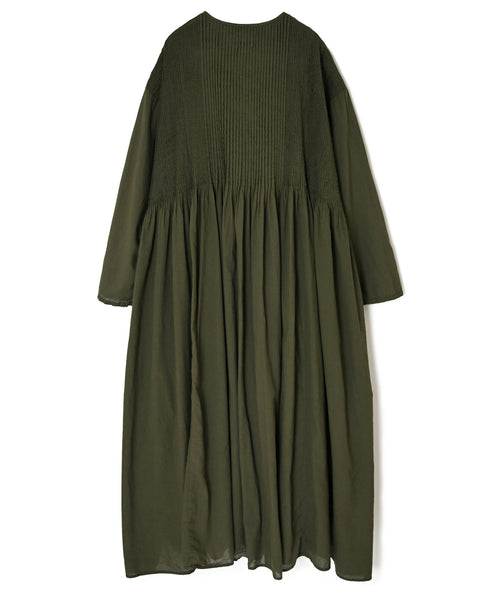NMDS26604D ORGANIC MICRO CHK&VOILE PLAIN PATCHWORK OVERDYE CREW-NECK BUTTON SHIRT MAXI DRESS WITH PINTUCK