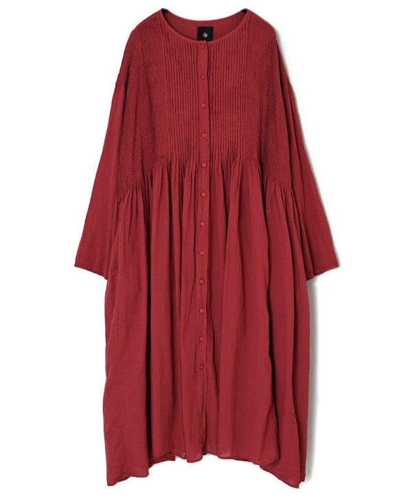 NMDS26604D ORGANIC MICRO CHK&VOILE PLAIN PATCHWORK OVERDYE CREW-NECK BUTTON SHIRT MAXI DRESS WITH PINTUCK