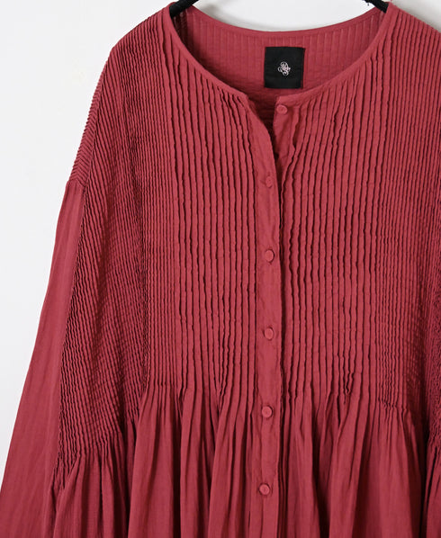 NMDS26604D ORGANIC MICRO CHK&VOILE PLAIN PATCHWORK OVERDYE CREW-NECK BUTTON SHIRT MAXI DRESS WITH PINTUCK