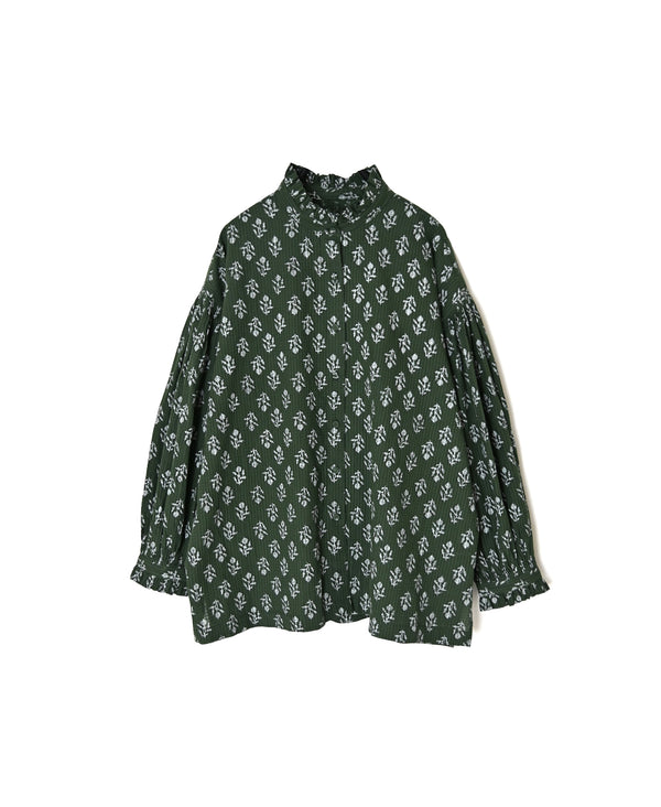 NMDS26611 ORGANIC SMALL CHECK MEDIUM FLOWER BL PRINT FRILL COLLAR SHIRT WITH MINI PINTUCK