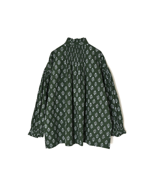 NMDS26611 ORGANIC SMALL CHECK MEDIUM FLOWER BL PRINT FRILL COLLAR SHIRT WITH MINI PINTUCK
