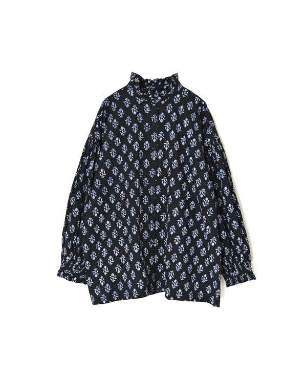 NMDS26611 80s ORGANIC SMALL CHECK MEDIUM FLOWER BLOCK PRINT FRILL COLLAR SHIRT WITH MINI PINTUCK