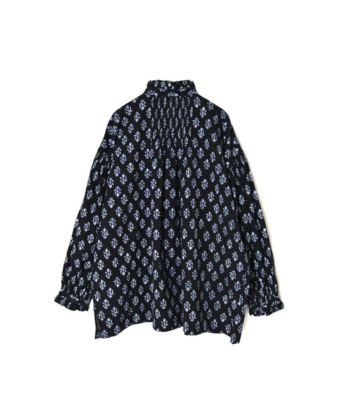 NMDS26611 ORGANIC SMALL CHECK MEDIUM FLOWER BL PRINT FRILL COLLAR SHIRT WITH MINI PINTUCK