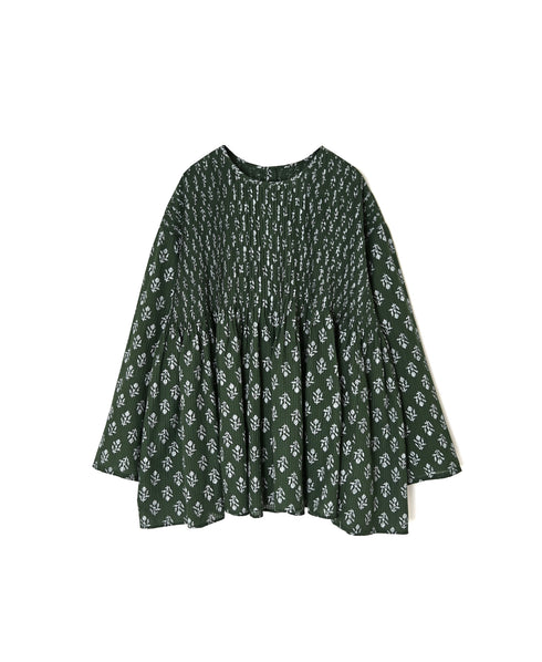 NMDS26612 80s ORGANIC SMALL CHECK MEDIUM FLOWER BLOCK PRINT C/NECK P/O SHIRT WITH PINTUCK