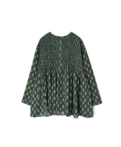 NMDS26612 80s ORGANIC SMALL CHECK MEDIUM FLOWER BLOCK PRINT C/NECK P/O SHIRT WITH PINTUCK