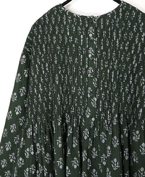 NMDS26612 80s ORGANIC SMALL CHECK MEDIUM FLOWER BLOCK PRINT C/NECK P/O SHIRT WITH PINTUCK