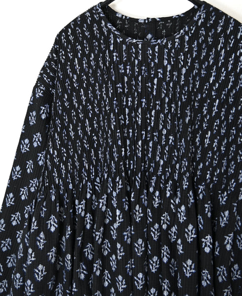 NMDS26612 80s ORGANIC SMALL CHECK MEDIUM FLOWER BLOCK PRINT C/NECK P/O SHIRT WITH PINTUCK