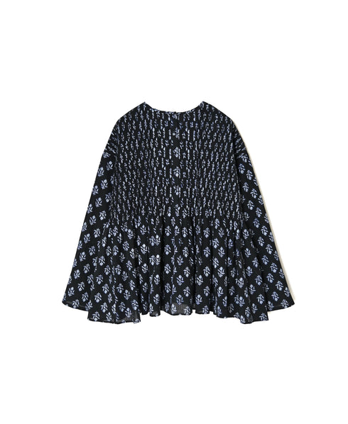 NMDS26612 80s ORGANIC SMALL CHECK MEDIUM FLOWER BLOCK PRINT C/NECK P/O SHIRT WITH PINTUCK