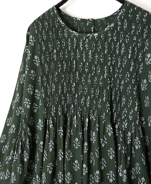 NMDS26613 ORGANIC SMALL CHECK MEDIUM FLOWER BL PRINT CREW-NECK P/O SHIRT DRESS WITH PINTUCK