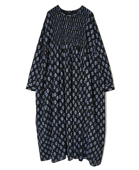 NMDS26613 ORGANIC SMALL CHECK MEDIUM FLOWER BL PRINT CREW-NECK P/O SHIRT DRESS WITH PINTUCK