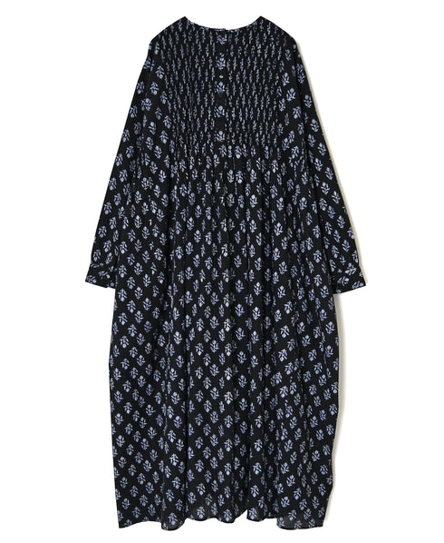 NMDS26613 ORGANIC SMALL CHECK MEDIUM FLOWER BL PRINT CREW-NECK P/O SHIRT DRESS WITH PINTUCK