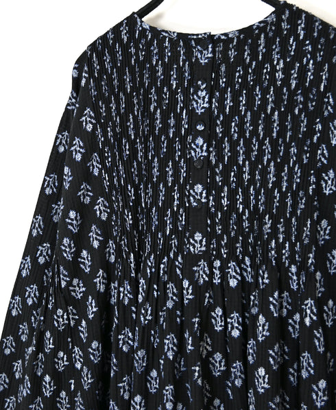 NMDS26613 ORGANIC SMALL CHECK MEDIUM FLOWER BL PRINT CREW-NECK P/O SHIRT DRESS WITH PINTUCK