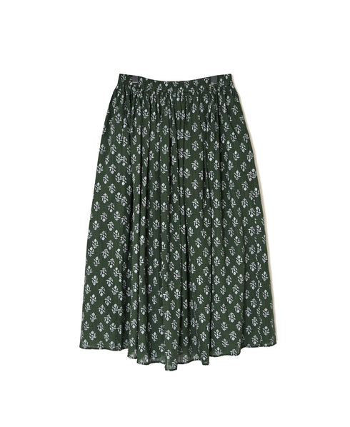 NMDS26615 80s ORGANIC SMALL CHECK MEDIUM FLOWER BLOCK PRINT GATHERED SKIRT WITH LINING