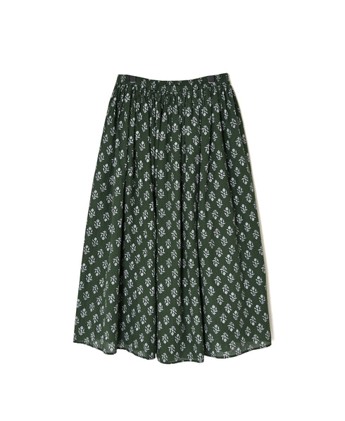 NMDS26615 80s ORGANIC SMALL CHECK MEDIUM FLOWER BLOCK PRINT GATHERED SKIRT WITH LINING