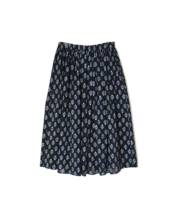 NMDS26615 80s ORGANIC SMALL CHECK MEDIUM FLOWER BLOCK PRINT GATHERED SKIRT WITH LINING