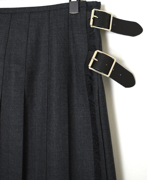 NOD2651 WORSTED WOOL LOW WAIST WIDE PLEATS WRAP SKIRT LENGTH 85cm (WITH PIN)