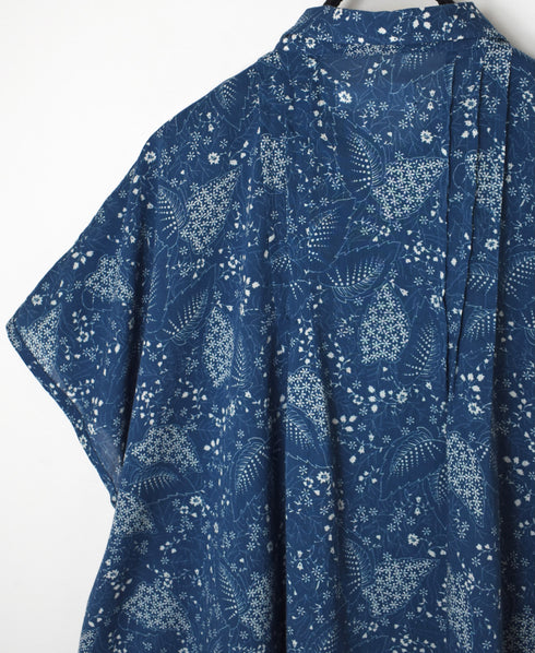 NSL26061 80s VOILE LEAF & FLOWER PRINT REGULAR COLLAR FRENCH/SL PINTUCK SHIRT