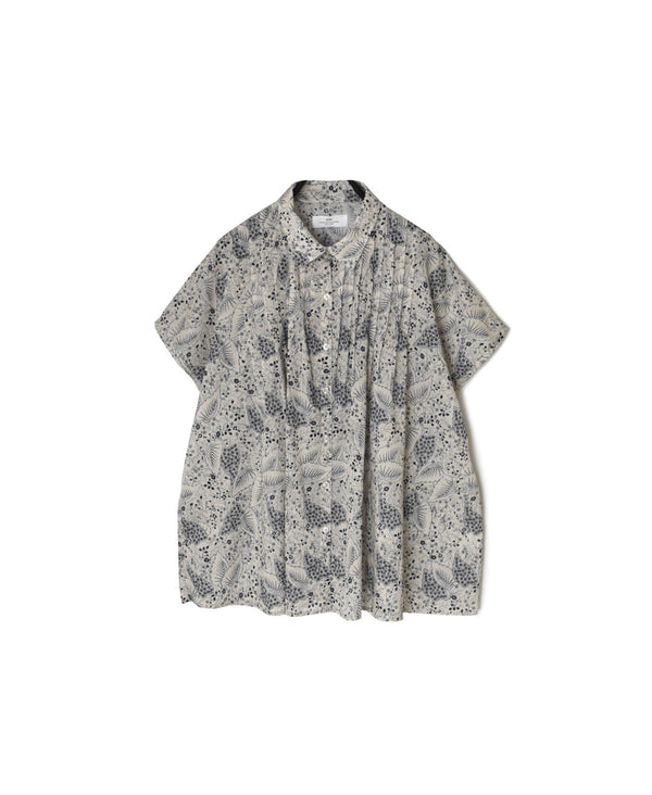 NSL26061 80s VOILE LEAF & FLOWER PRINT REGULAR COLLAR FRENCH/SL PINTUCK SHIRT