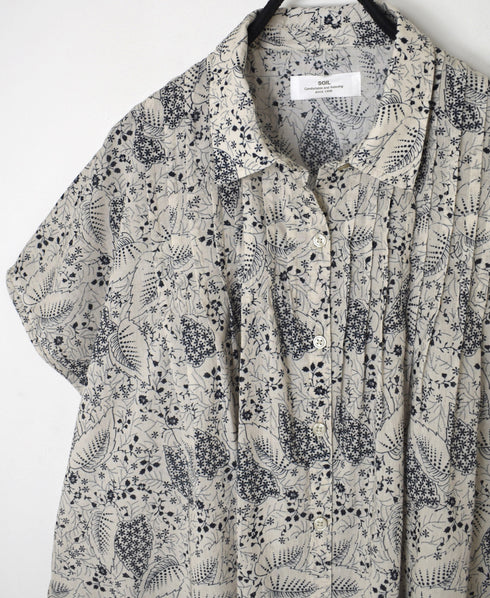 NSL26061 80s VOILE LEAF & FLOWER PRINT REGULAR COLLAR FRENCH/SL PINTUCK SHIRT