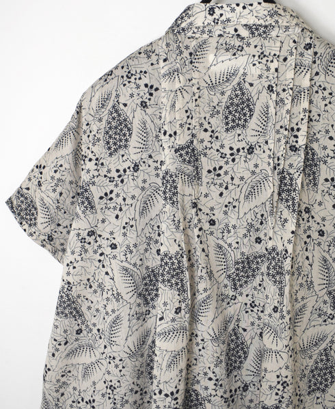 NSL26061 80s VOILE LEAF & FLOWER PRINT REGULAR COLLAR FRENCH/SL PINTUCK SHIRT