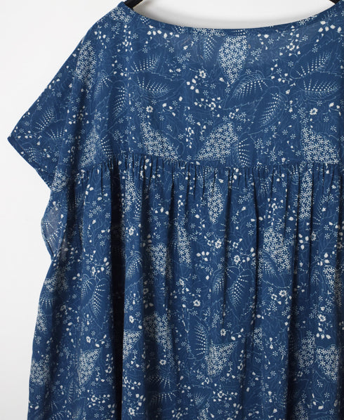 NSL26062 80s VOILE LEAF & FLOWER PRINT FRENCH/SL BACK SIDE GATHERED SMOCK