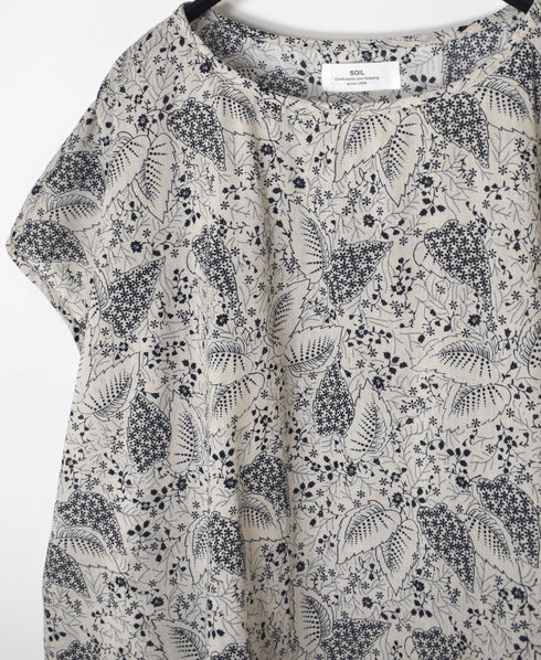 NSL26062 80s VOILE LEAF & FLOWER PRINT FRENCH/SL BACK SIDE GATHERED SMOCK