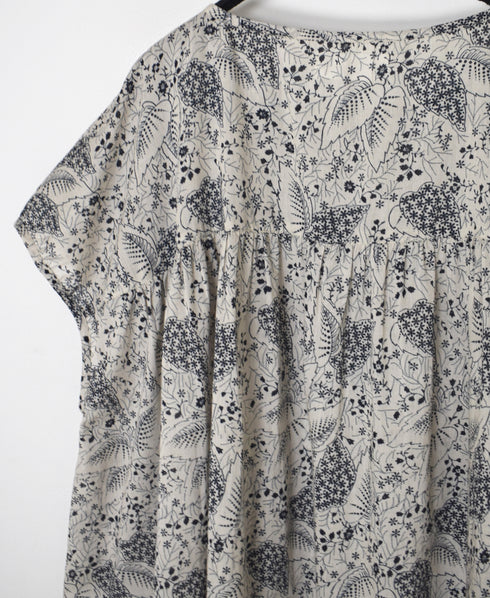 NSL26062 80s VOILE LEAF & FLOWER PRINT FRENCH/SL BACK SIDE GATHERED SMOCK
