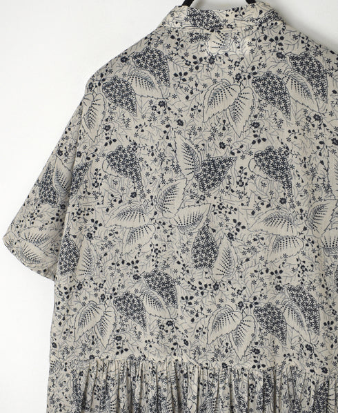 NSL26063 80s VOILE LEAF & FLOWER PRINT REGULAR COLLAR S/SL DRESS