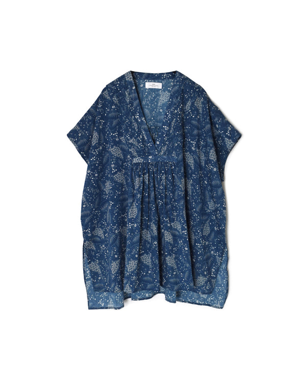 NSL26064 80s VOILE LEAF & FLOWER PRINT V-NECK FRENCH/SL TUNIC