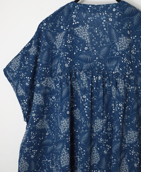 NSL26064 80s VOILE LEAF & FLOWER PRINT V-NECK FRENCH/SL TUNIC