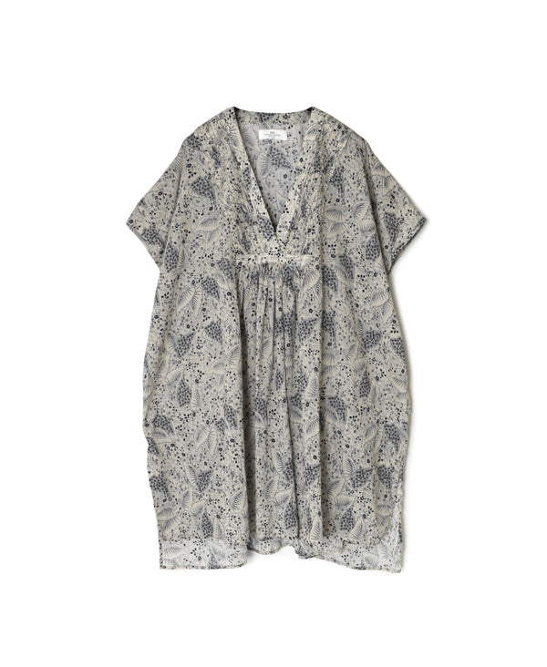 NSL26064 80s VOILE LEAF & FLOWER PRINT V-NECK FRENCH/SL TUNIC