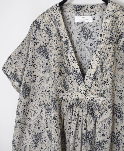NSL26064 80s VOILE LEAF & FLOWER PRINT V-NECK FRENCH/SL TUNIC
