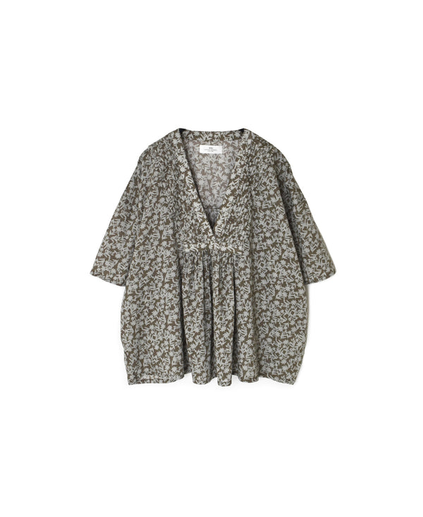 NSL26072 80s VOILE TWO TONE FLOWER PRINT V-NECK PINTUCK S/SL SHIRT
