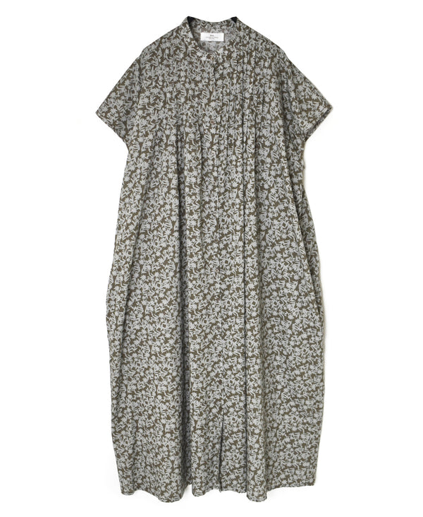 NSL26073 80s VOILE TWO TONE FLOWER PRINT BANDED COLLAR FRENCH/SL PINTUCK DRESS