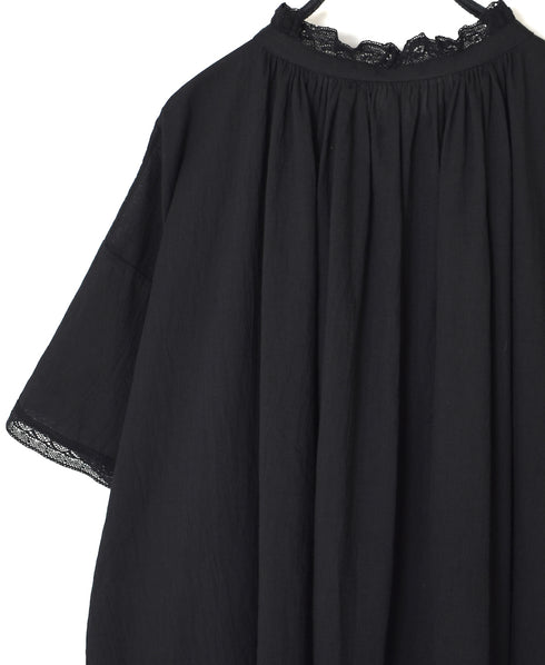 80s COTTON VOILE LACE LACE&LOOP BUTTON GATHERED SMOCK