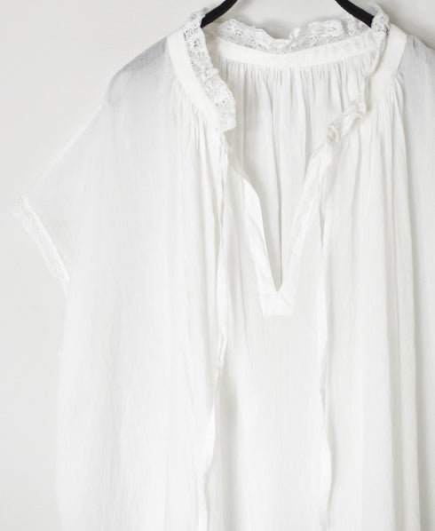 NSL26092 80s COTTON VOILE LACE LACE&STRING COLLAR GATHERED SHIRT