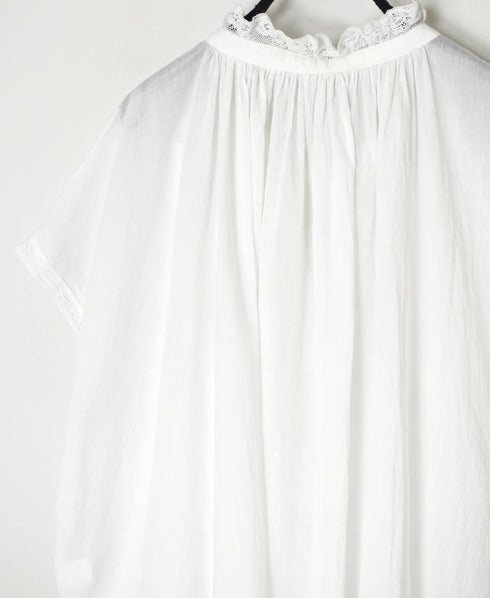NSL26092 80s COTTON VOILE LACE LACE&STRING COLLAR GATHERED SHIRT