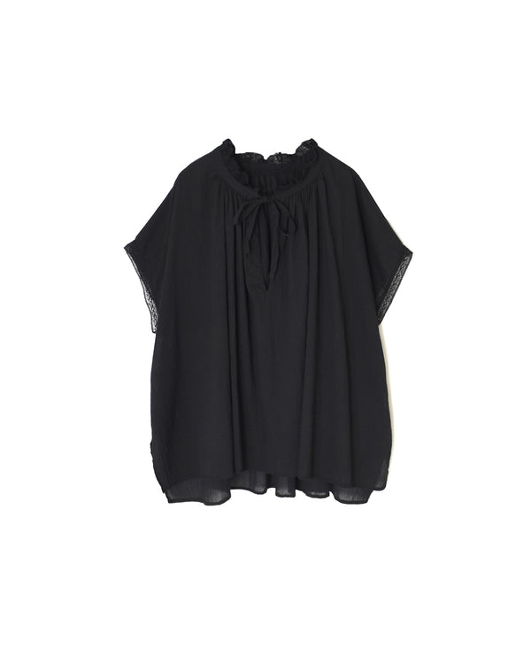 NSL26092 80s COTTON VOILE LACE LACE&STRING COLLAR GATHERED SHIRT