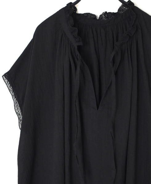 NSL26092 80s COTTON VOILE LACE LACE&STRING COLLAR GATHERED SHIRT