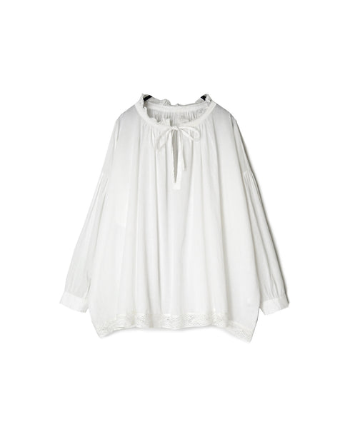 NSL26552 60s COTTON CAMBRIC PLAIN WITH LACE LACE & STRING COLLAR GATHERED SHIRT