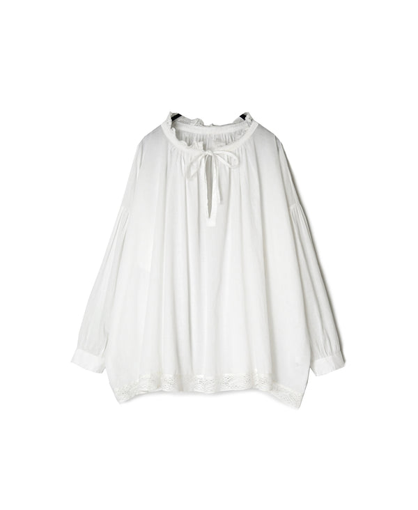 NSL26552 60s COTTON CAMBRIC PLAIN WITH LACE LACE & STRING COLLAR GATHERED SHIRT