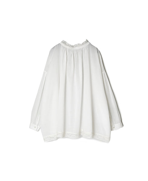 NSL26552 60s COTTON CAMBRIC PLAIN WITH LACE LACE & STRING COLLAR GATHERED SHIRT