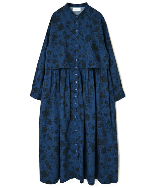 NSL26573 COTTON SATIN FLOWER PRINT BAND COLLAR LAYERED DRESS