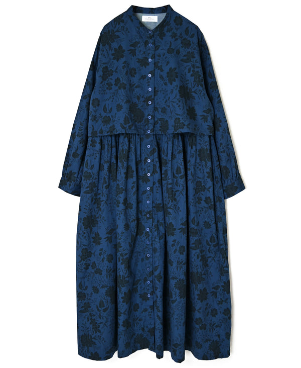 NSL26573 COTTON SATIN FLOWER PRINT BAND COLLAR LAYERED DRESS