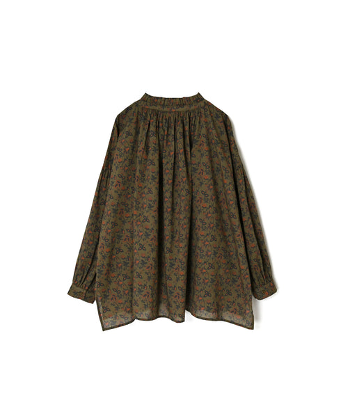 NSL26592 60s COTTON CAMBRIC FLOWER PRINT FRILL&STRING COLLAR GATHERED SHIRT